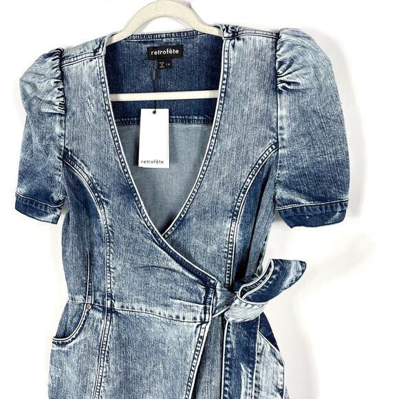Retrofete Zelda Wrap‎ Dress Sienna Blue Denim V-Neck Puff Sleeve Sz S - Picture 5 of 11